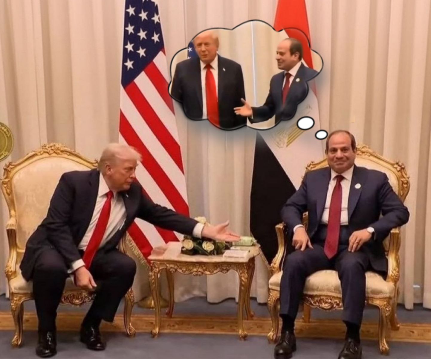 تداول ناشطون صورة أثارت الجدل للرئيس المصري عبدالفتاح السيسي وهو يتجاهل مصافحة دونالد ترمب لعدة ثواني خلال لقائهما، في مشهد اعتُبر ردًّا بالمثل بعد أن تجاهل ترمب مصافحة السيسي قبل جلوسهم.